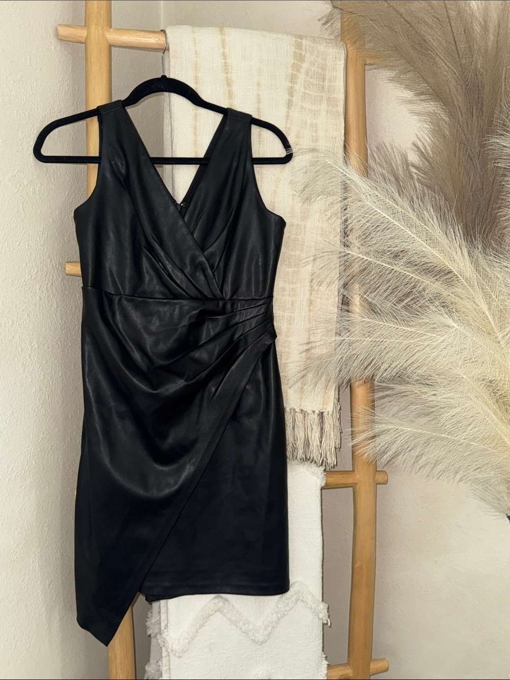 Guess Black Faux Leather Asymmetrical Wrap Dress